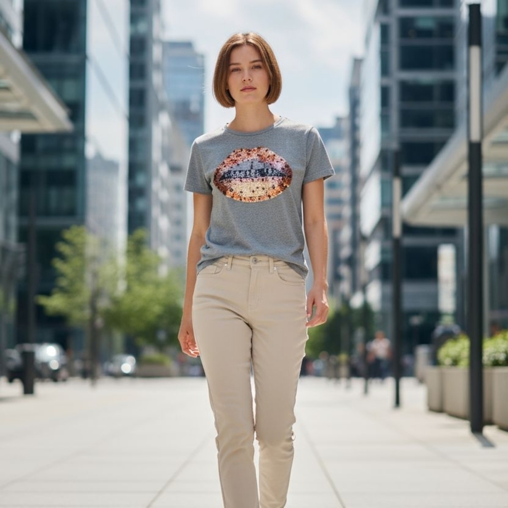 Davi & Dani Gray T-Shirt with Sequin Lip Design Small